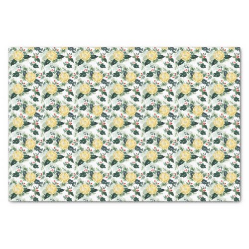 Watercolor Lemon and Holly Pattern Christmas Tissue Paper