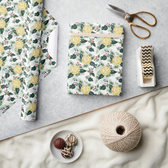 Watercolor Lemon and Holly Pattern Christmas Wrapping Paper (Crafts)