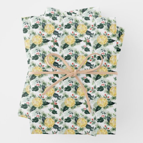 Watercolor Lemon and Holly Pattern Christmas Wrapping Paper Sheets