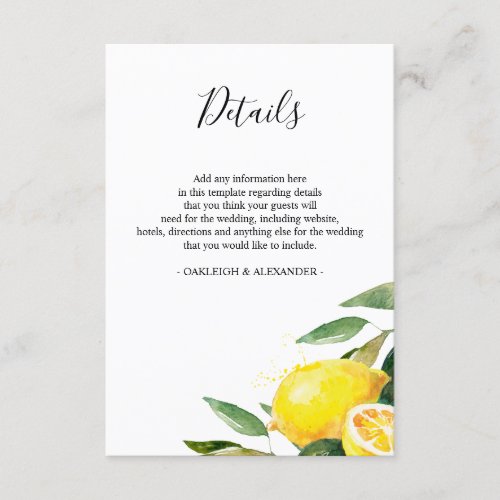 Watercolor Lemon and Leaves Wedding Details Enclosure Card