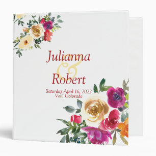 Watercolor lemon and magenta floral wedding  3 rin ring binder