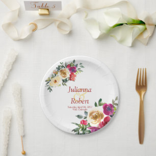 Watercolor lemon and magenta floral wedding paper paper plates