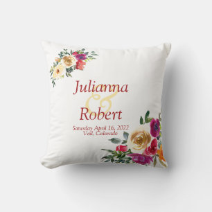 Watercolor lemon and magenta floral wedding  throw pillow