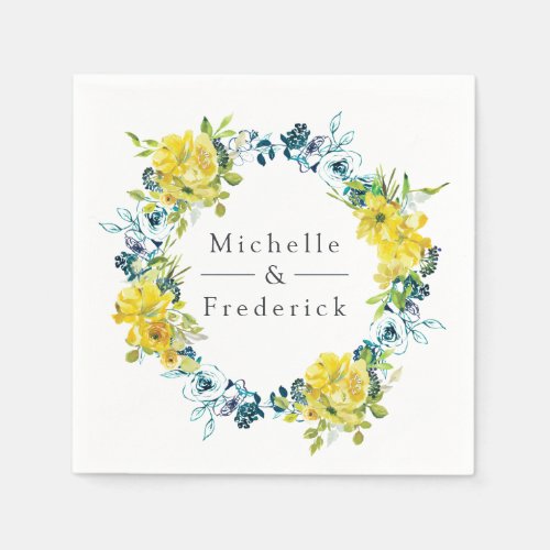 Watercolor Lemon and Turquoise Floral Wedding Napkins