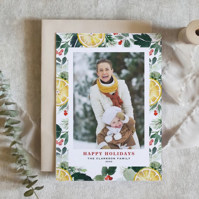 Watercolor Lemon and Winter Greenery Photo Holiday Card (Customizable Photo Holiday Card with Watercolor Lemon, Holly, and Winter Greenery)