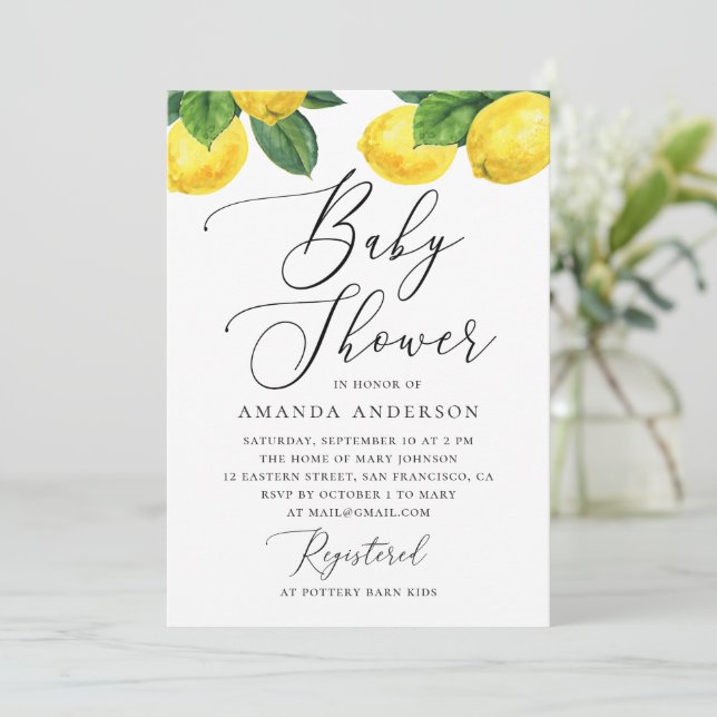 Watercolor Lemon Baby Shower | Elegant Citrus Invitation (Standing Front)