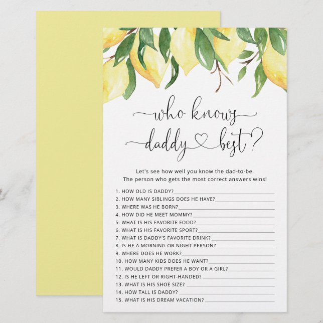 Watercolor Lemon Baby Shower Game (Front/Back)