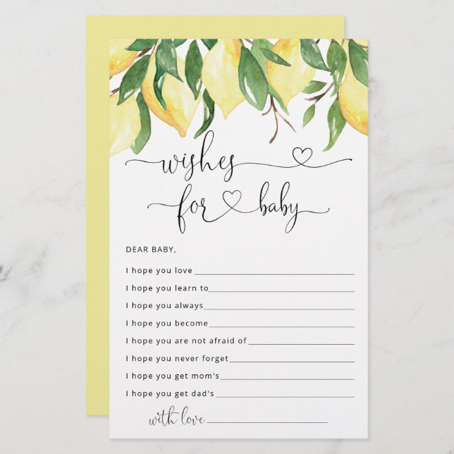Watercolor Lemon Baby Shower Wishes for Baby Card (Front/Back)
