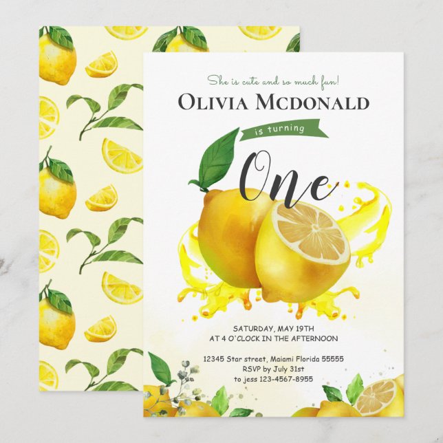 Watercolor Lemon Birthday Invitation (Front/Back)