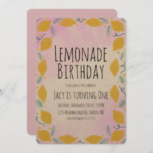 Watercolor Lemon Birthday Pink Yellow Border Art Invitation