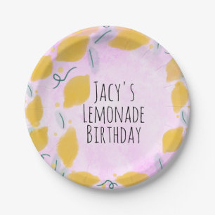 Watercolor Lemon Birthday Pink Yellow Border Art Paper Plates