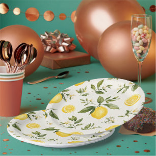 Watercolor Lemon Blossom Botanical Pattern Round Paper Plates