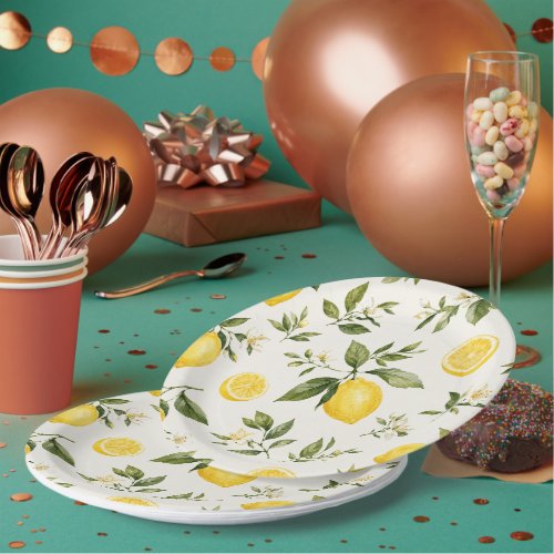 Watercolor Lemon Blossom Botanical Pattern Round Paper Plates