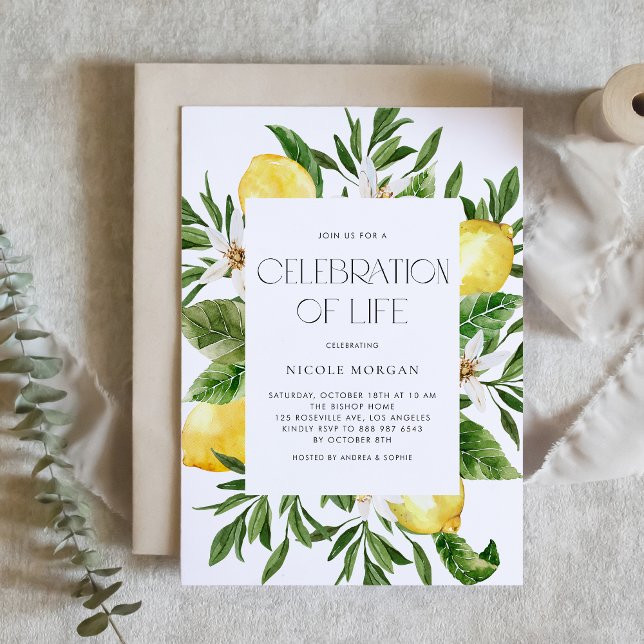 Watercolor Lemon Blossom Frame Celebration of Life Invitation (Custom Celebration of Life invitation featuring watercolor lemons, blossoms, and greenery.)