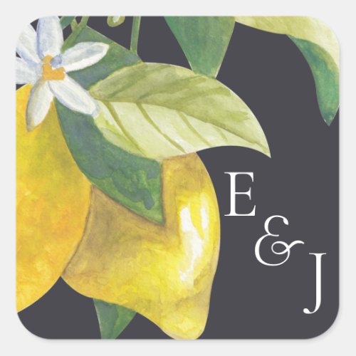 Watercolor Lemon Blossom Monogram Wedding Square Sticker