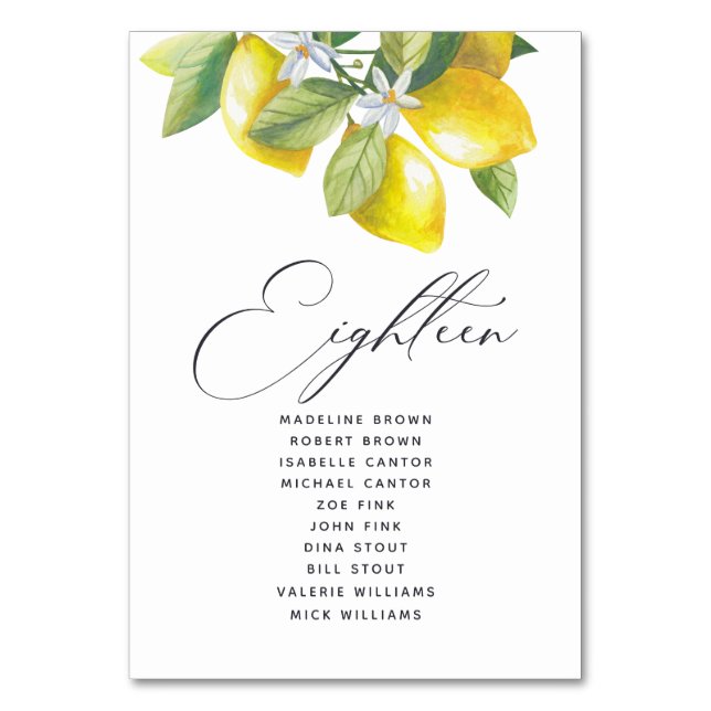 Watercolor Lemon Blossom Seating Chart Table Numbe Number (Front)