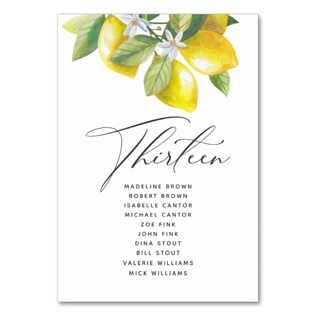 Watercolor Lemon Blossom Seating Chart Table Numbe Number (Front)