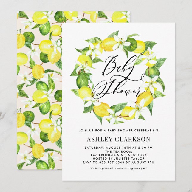 Watercolor Lemon Blossom Wreath Baby Shower Invitation (Front/Back)