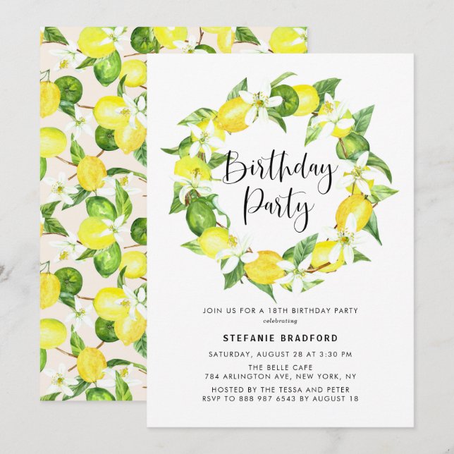 Watercolor Lemon Blossom Wreath Birthday Party Invitation (Front/Back)
