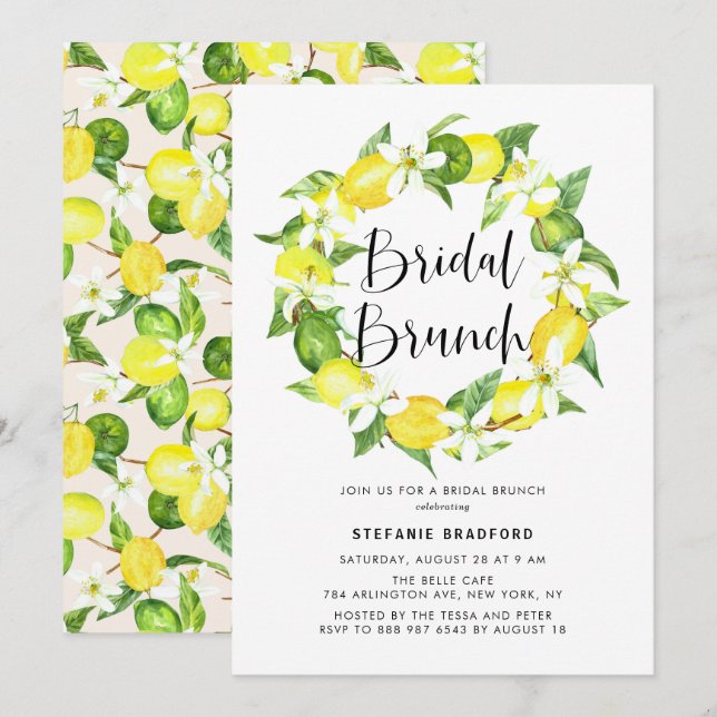 Watercolor Lemon Blossom Wreath Bridal Brunch Invitation (Front/Back)