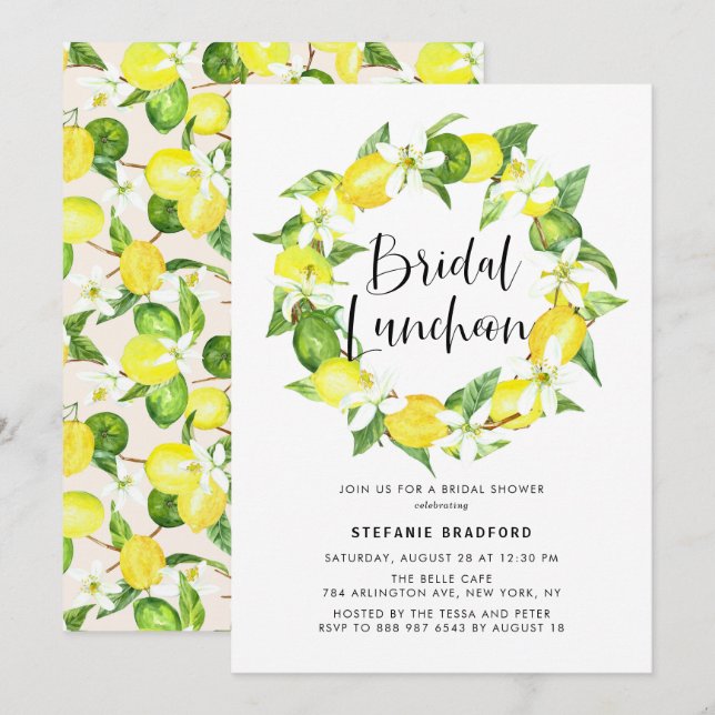 Watercolor Lemon Blossom Wreath Bridal Luncheon Invitation (Front/Back)