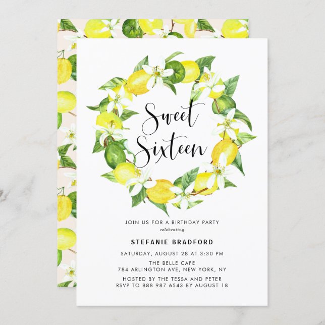 Watercolor Lemon Blossom Wreath Sweet 16 Party Invitation (Front/Back)