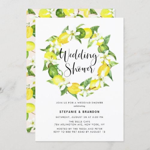 Watercolor Lemon Blossom Wreath Wedding Shower Invitation