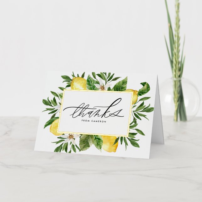 Watercolor Lemon Blossoms Frame Thank You Foil Greeting Card (Front)