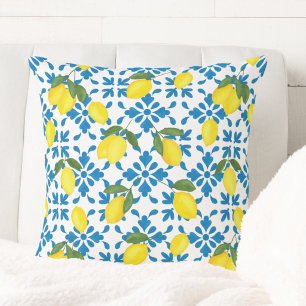 Watercolor Lemon Blue French Country Throw Pillow
