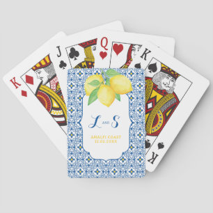 Watercolor Lemon Blue Mediterranean Tile Monogram Poker Cards