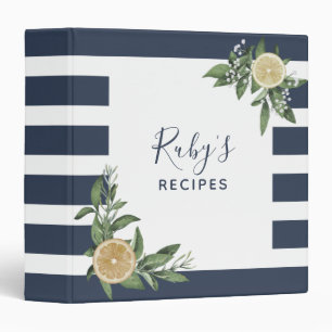 Watercolor Lemon Blue Stripe Recipe Organizer 3 Ring Binder