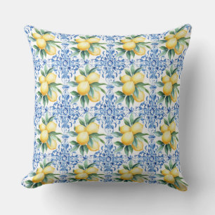 Watercolor Lemon Blue Throw Pillow