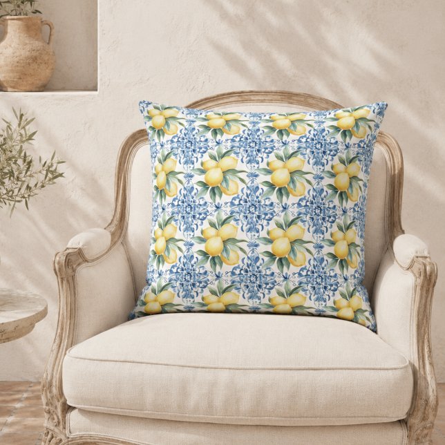 Watercolor Lemon Blue Throw Pillow (elegant mediterranean lemon french provincial blue yellow throw pillow)