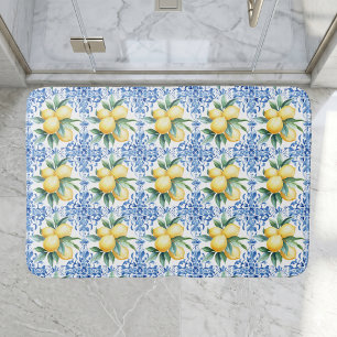 Watercolor Lemon Blue Tile Bath Mat