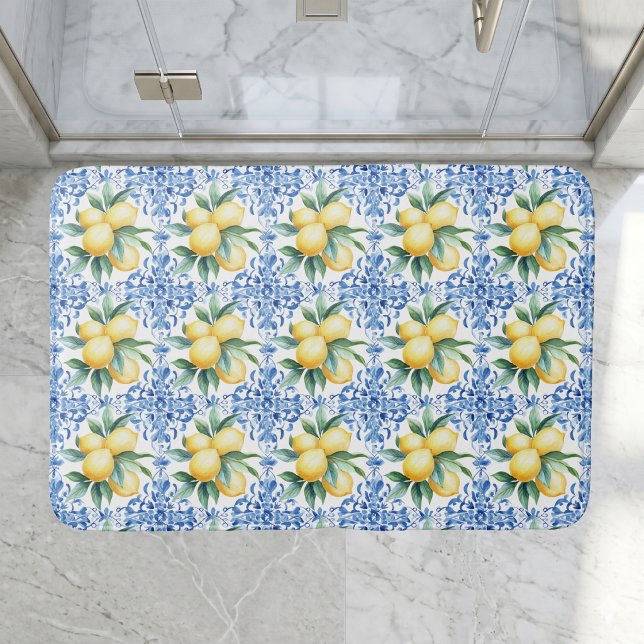 Watercolor Lemon Blue Tile Bath Mat (elegant watercolor french country mediterranean lemon blue tile bath mat)