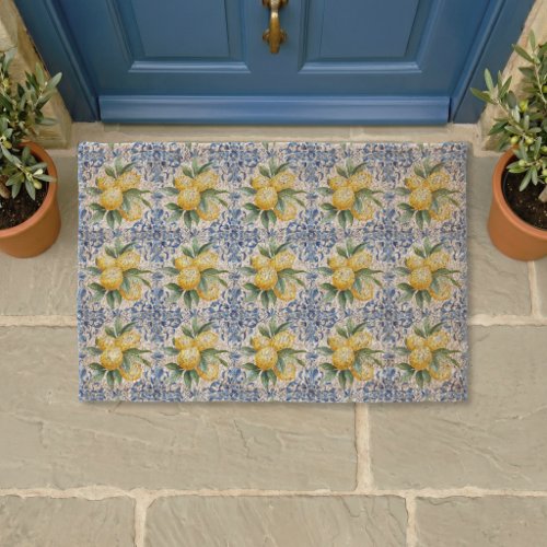 Watercolor Lemon Blue Tile Coir Mat Watercolor Lemon Blue Tile Coir Mat