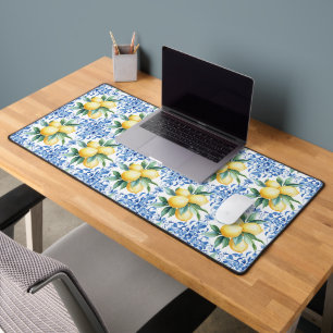 Watercolor Lemon Blue Tile Desk Mat