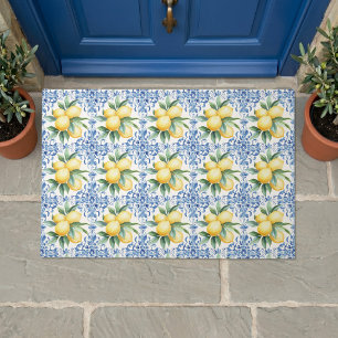 Watercolor Lemon Blue Tile Doormat
