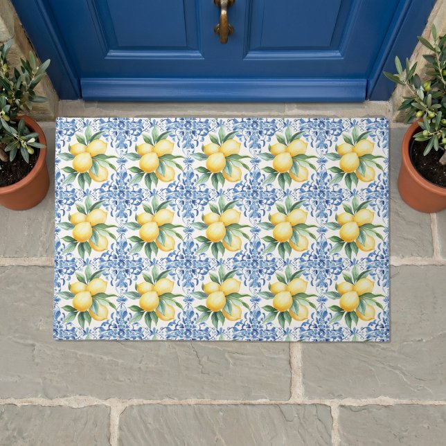 Watercolor Lemon Blue Tile Doormat (elegant watercolor french country mediterranean lemon blue tile door mat)