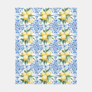 Watercolor Lemon Blue Tile Fleece Blanket
