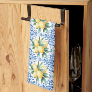Watercolor Lemon Blue Tile Kitchen Towels