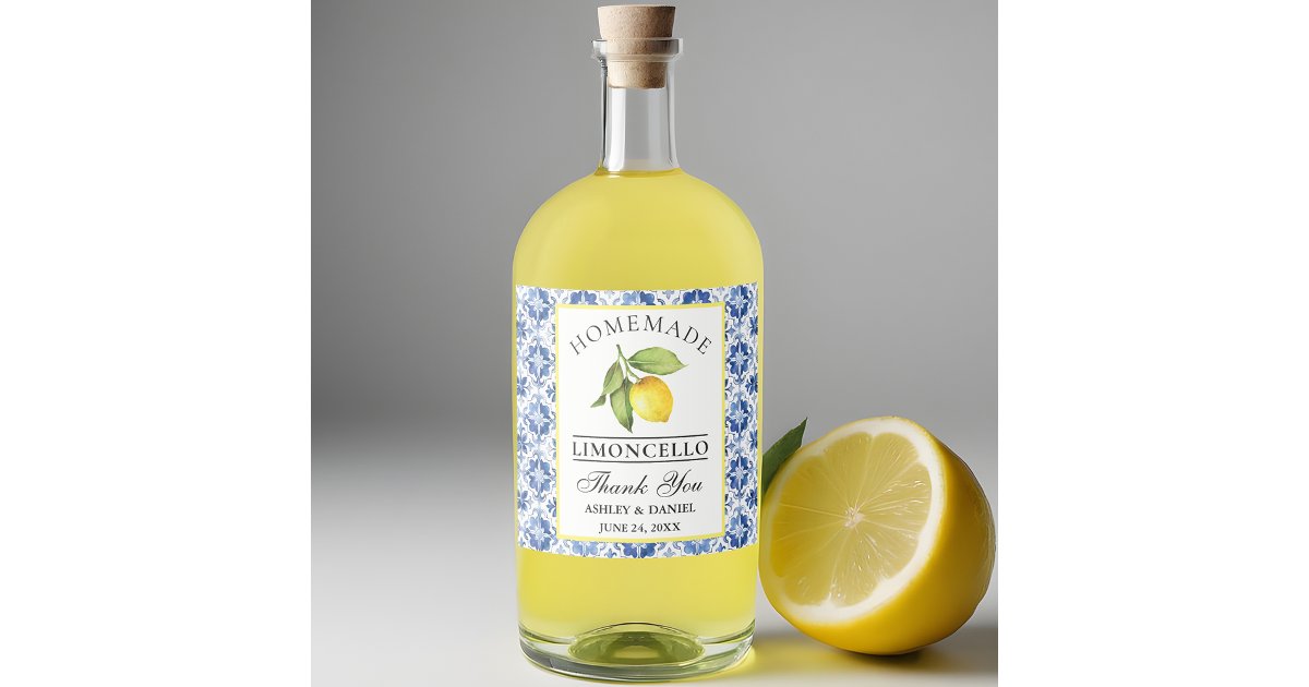 Watercolor Lemon Blue Tile Limoncello Liquor Bottle Label | Zazzle Watercolor Lemon Blue Tile Limoncello Liquor Bottle Label | Zazzle