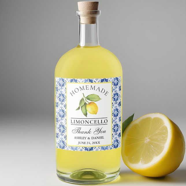 Watercolor Lemon Blue Tile Limoncello Liquor Bottle Label (Customize to change text size, color or text style.)