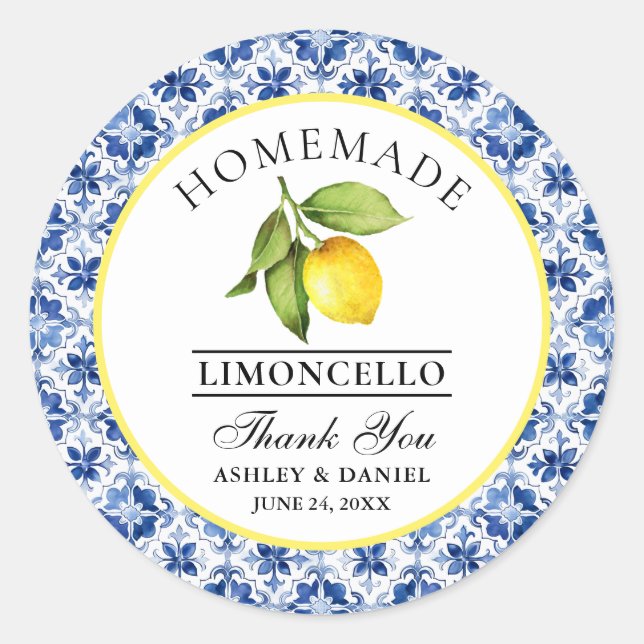Watercolor Lemon Blue Tile Limoncello Thanks Classic Round Sticker (Front)
