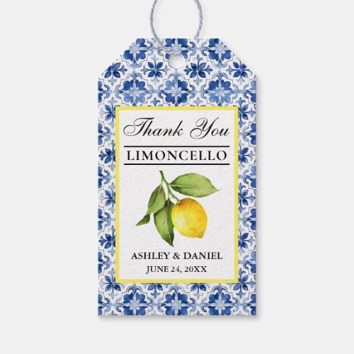 Watercolor Lemon Blue Tile Limoncello Thanks Gift Tags