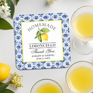 Watercolor Lemon Blue Tile Limoncello Wedding Square Paper Coaster