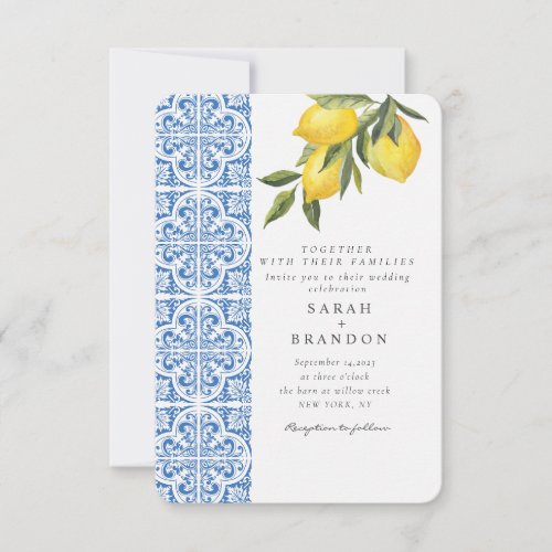 Watercolor Lemon Blue tile Mediterranean Wedding Invitation