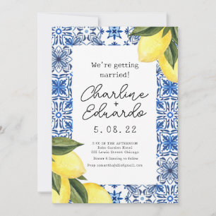 Watercolor Lemon Blue tile Mediterranean Wedding Invitation
