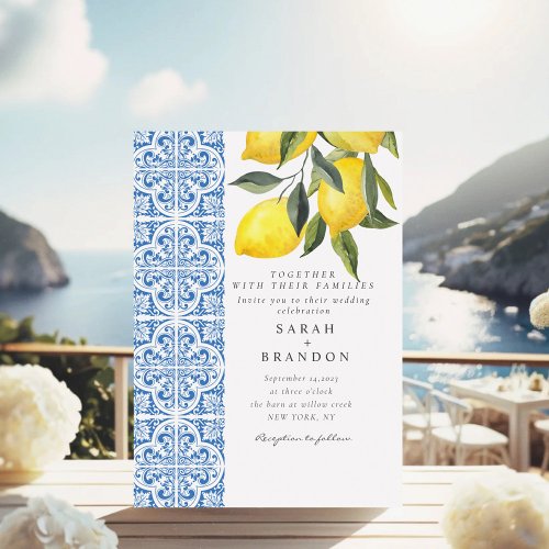 Watercolor Lemon Blue tile Mediterranean Wedding Invitation