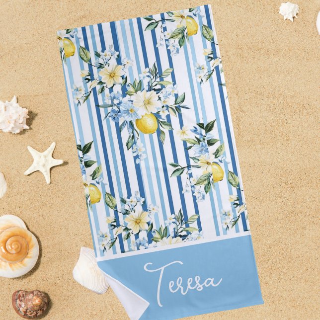 Watercolor Lemon Blue White Stripe  Beach Towel (Creator Uploaded)